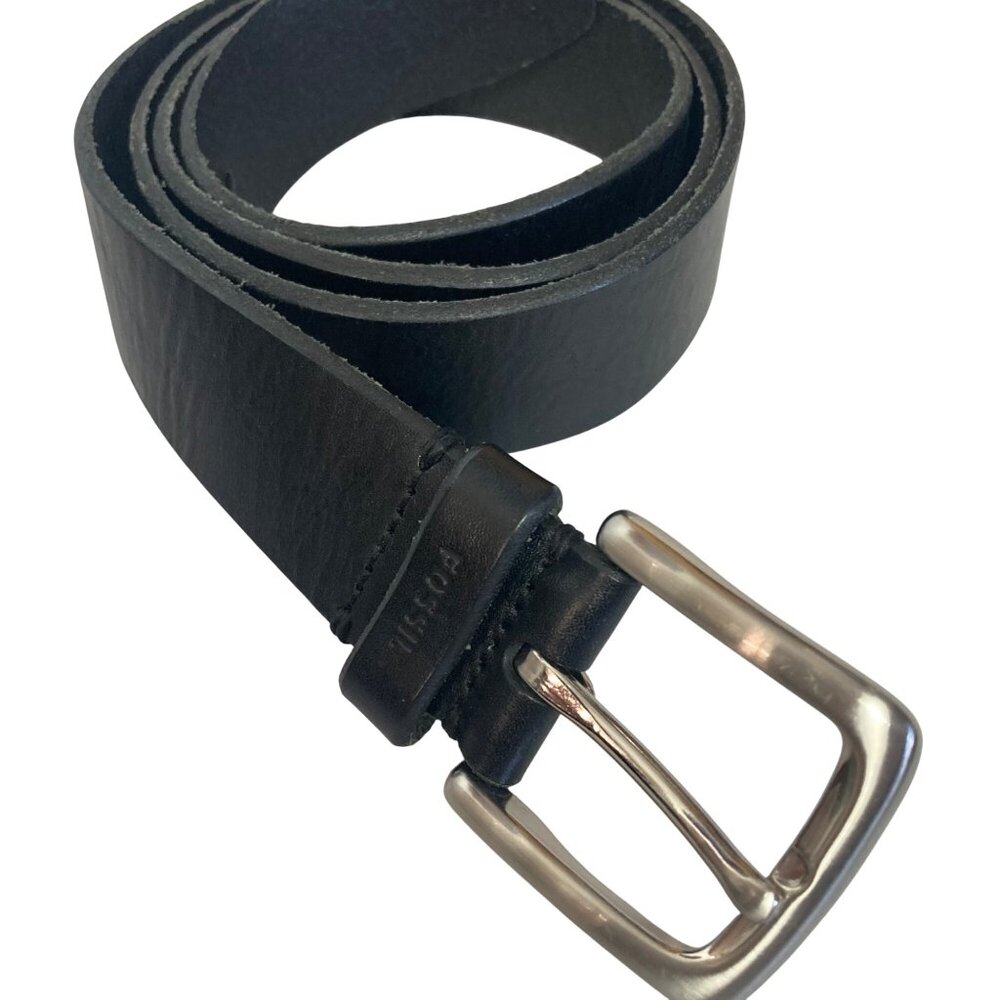 Fossil Mens Black Genuine Leather Belt Size 44 Silver Tone Buckle